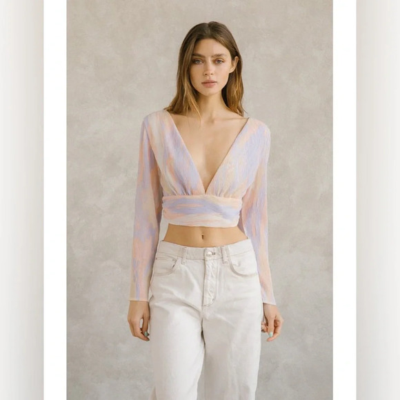 Storia Pastel Crepe Cropped Top Whimsy V-neck Lightweight Long Sleeve Blouse S - Picture 6 of 14